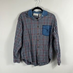 Casey & Max Womens Plaid Denim Button Up Shirt Size L